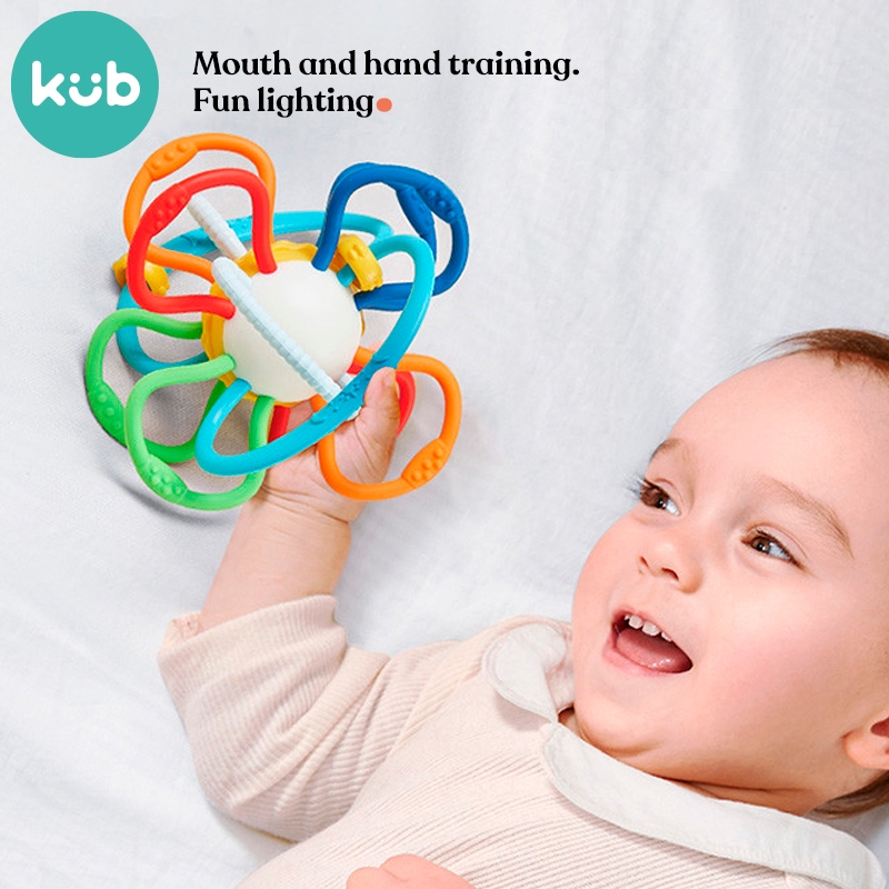 Bóng cảm giác silicone cấp thực phẩm mềm mại KUB đồ chơi gặm nướu, vòng lục lạc, tập cầm nắm, mọc răng cho bé