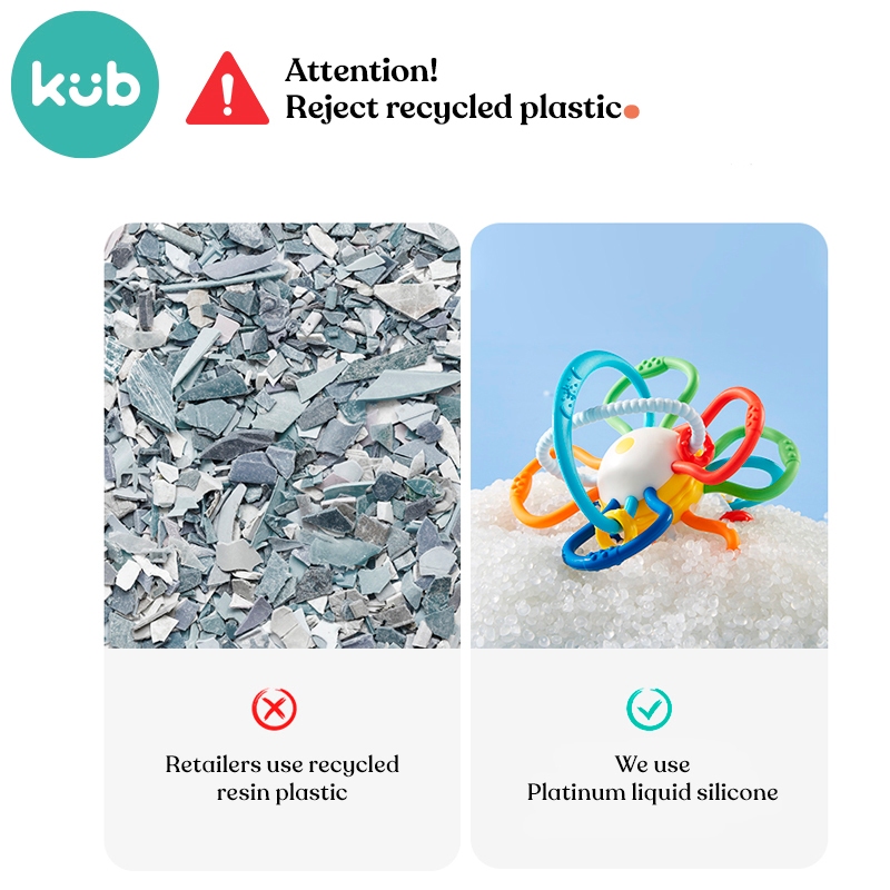 Bóng cảm giác silicone cấp thực phẩm mềm mại KUB đồ chơi gặm nướu, vòng lục lạc, tập cầm nắm, mọc răng cho bé