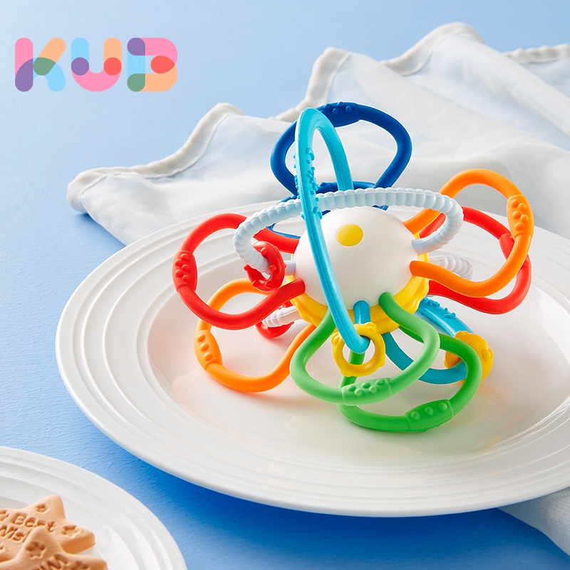 Bóng cảm giác silicone cấp thực phẩm mềm mại KUB đồ chơi gặm nướu, vòng lục lạc, tập cầm nắm, mọc răng cho bé