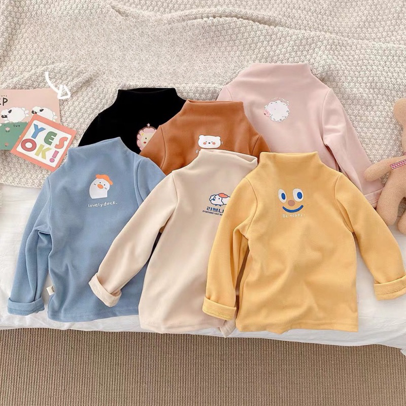 Áo giữ nhiệt cho bé, áo zip lông cổ 3 phân in hình siêu cute cho bé trai và bé gái