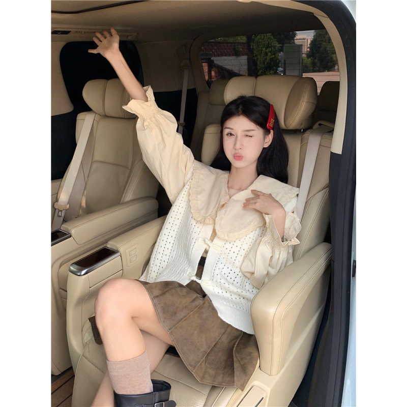 Áo sơ mi cổ búp bê mix áo len cài cúc phong cách Trung Hoa