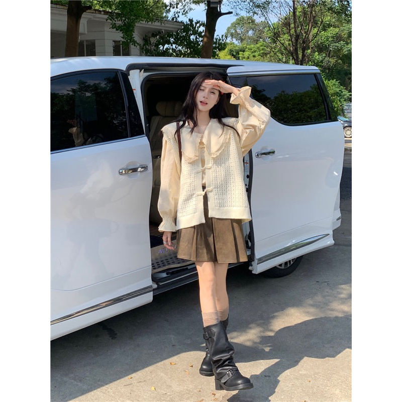 Áo sơ mi cổ búp bê mix áo len cài cúc phong cách Trung Hoa