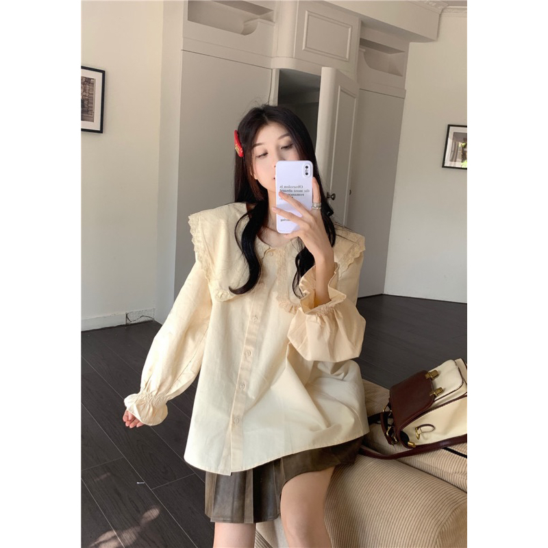 Áo sơ mi cổ búp bê mix áo len cài cúc phong cách Trung Hoa