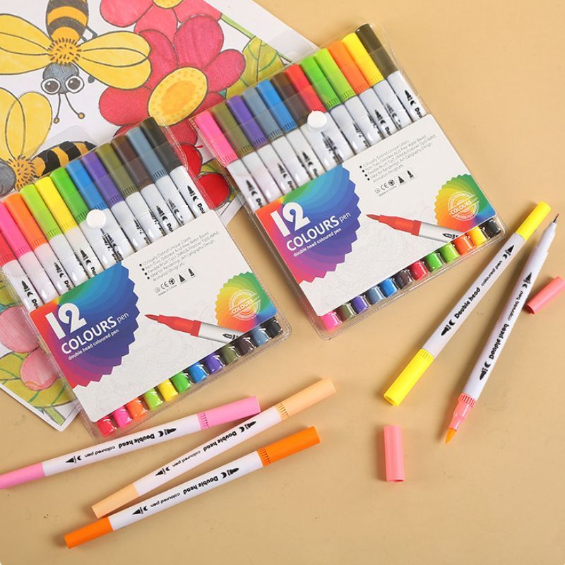 Bút dạ 12 màu 2 đầu viết calligraphy GEL PEN, bút brush nhiều màu sắc dễ thương dành cho học sinh
