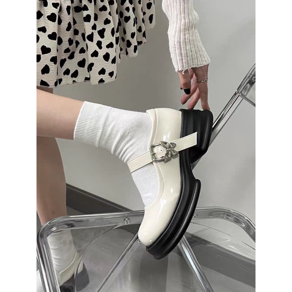 Giày búp bê nữ mũi tròn phong cách Lolita khoá cài hoạ tiết