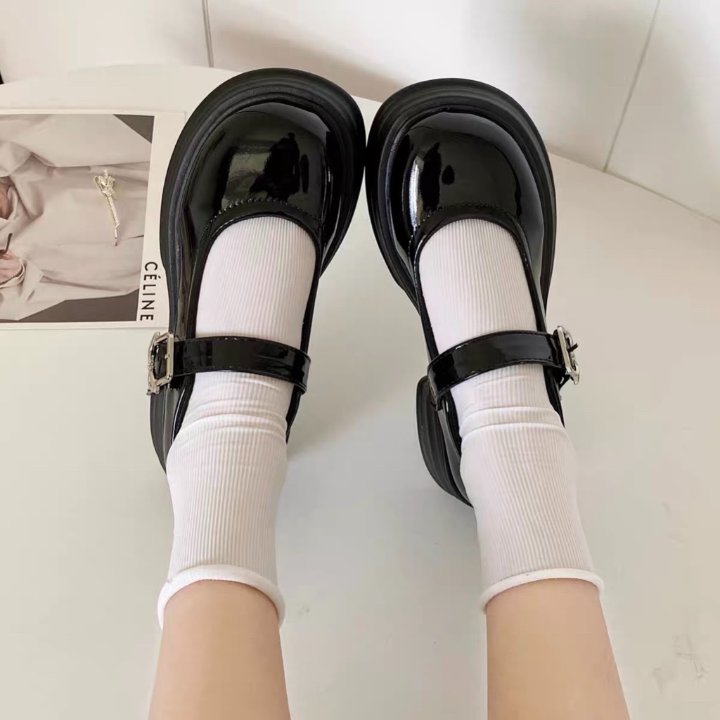 Giày búp bê nữ mũi tròn phong cách Lolita khoá cài hoạ tiết