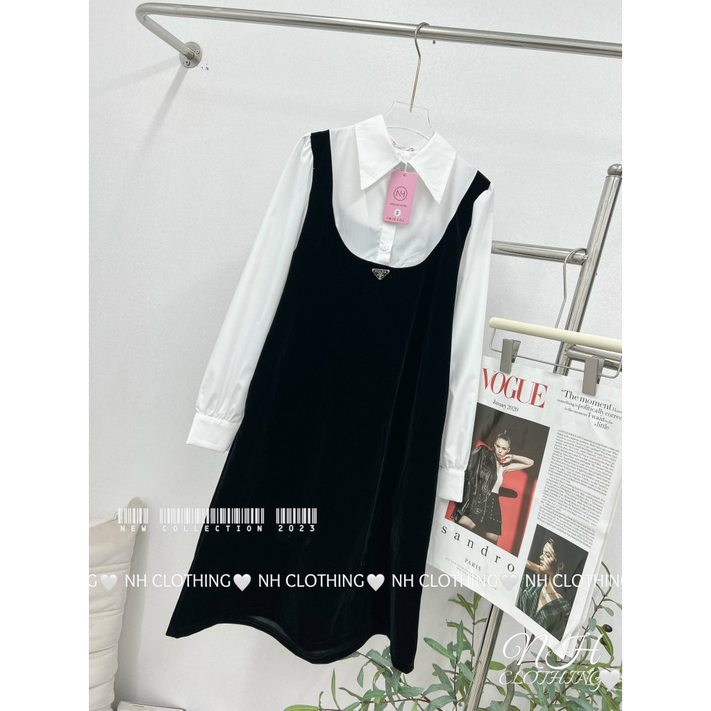 Váy Dài Tay Dáng Dài Đen Phối Sơ Mi Trắng Kèm Tang,Váy Dài Tay Thu Đông,Váy phối sơmi pra da sm