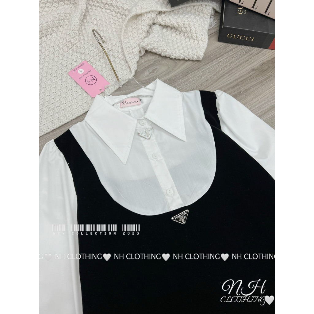 Váy Dài Tay Dáng Dài Đen Phối Sơ Mi Trắng Kèm Tang,Váy Dài Tay Thu Đông,Váy phối sơmi pra da sm