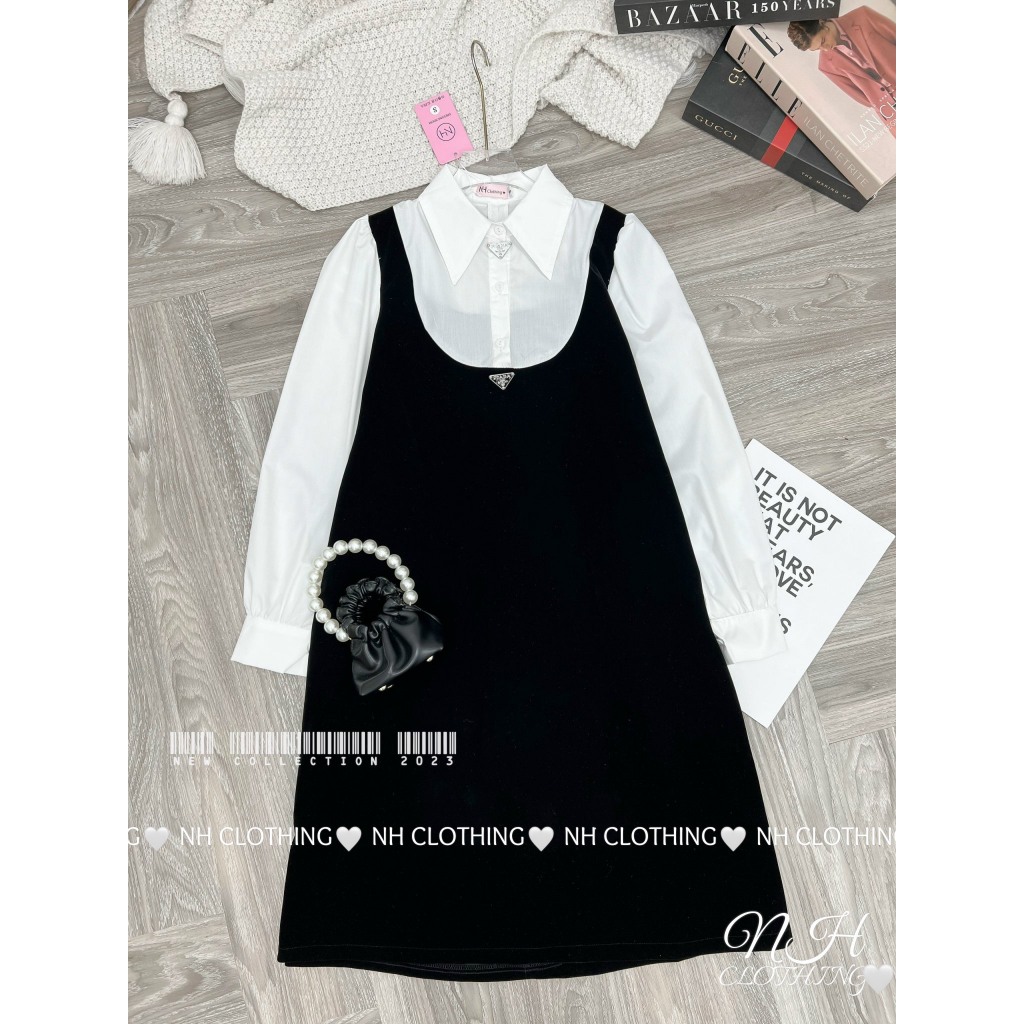 Váy Dài Tay Dáng Dài Đen Phối Sơ Mi Trắng Kèm Tang,Váy Dài Tay Thu Đông,Váy phối sơmi pra da sm