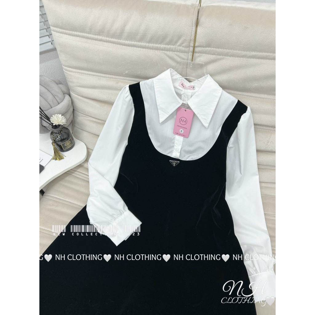 Váy Dài Tay Dáng Dài Đen Phối Sơ Mi Trắng Kèm Tang,Váy Dài Tay Thu Đông,Váy phối sơmi pra da sm