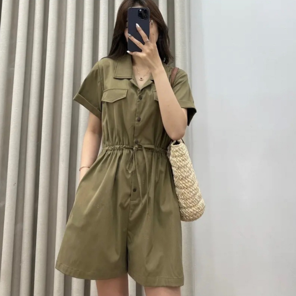 Jumpsuit nữ tay ngắn chất thô hai túi trước freesize, bộ jumpsuit liền quần kiểu cổ sơ mi