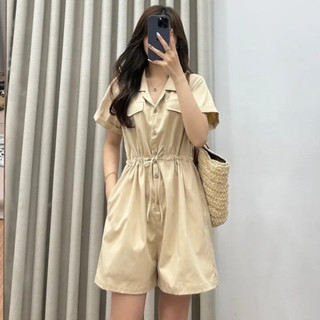 Jumpsuit nữ tay ngắn chất thô hai túi trước freesize, bộ jumpsuit liền quần kiểu cổ sơ mi