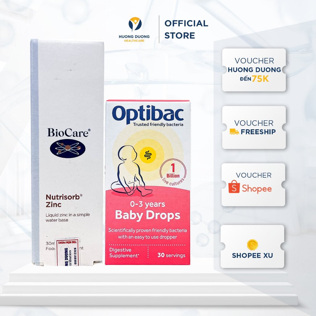 Bộ đôi Men vi sinh Optibac Probiotics Baby Drops, bảo vệ đường ruột, tăng đề kháng dạng giọt và Kẽm Biocare Zinc