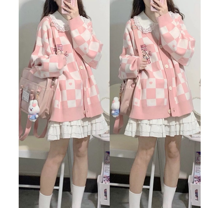 Cardigan len nữ quảng châu khoác ngoài họa tiết phối màu thêu hình dễ thương Deliz