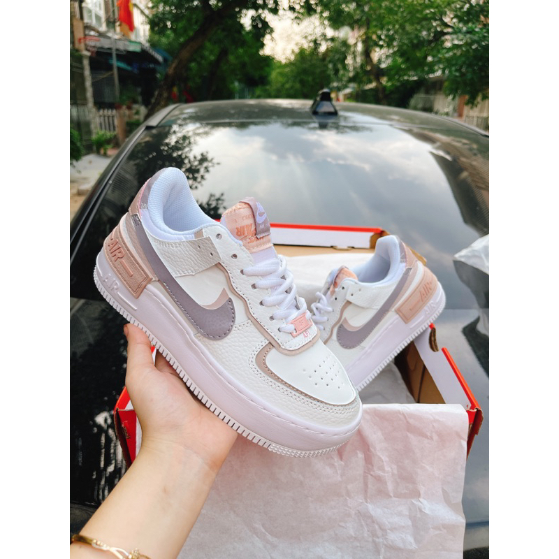 Giày AF1 shadow nhde trắng nâu, AF1 Shadow sail fossil’Pink’ nữ, sd trắng nâu độn đế kèm ảnh thật