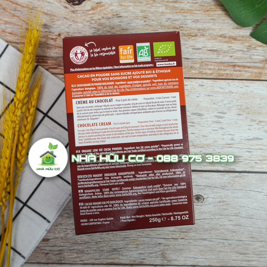 Bột cacao nguyên chất loại TÁCH BÉO hữu cơ KAOKA 250g/50g - Date:31/12/2023 và 30/11/2024 - Nhà hữu cơ