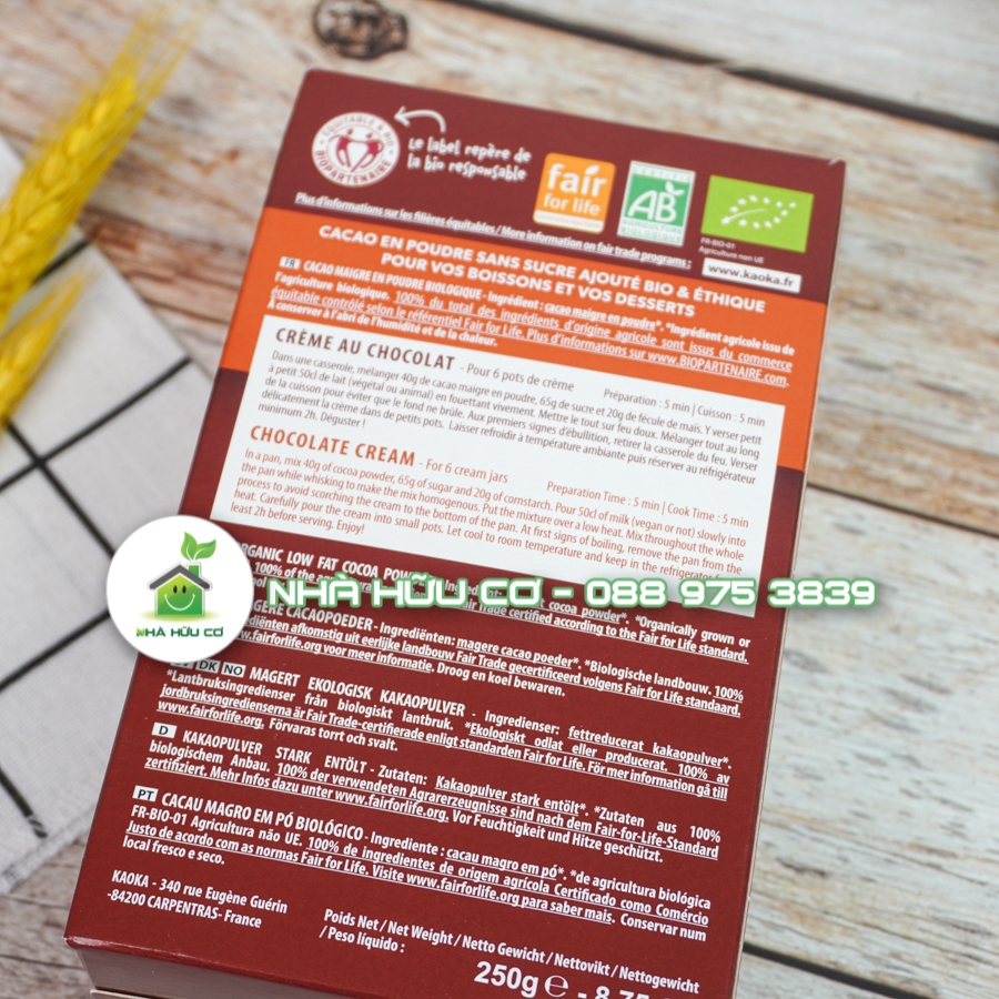Bột cacao nguyên chất loại TÁCH BÉO hữu cơ KAOKA 250g/50g - Date:31/12/2023 và 30/11/2024 - Nhà hữu cơ