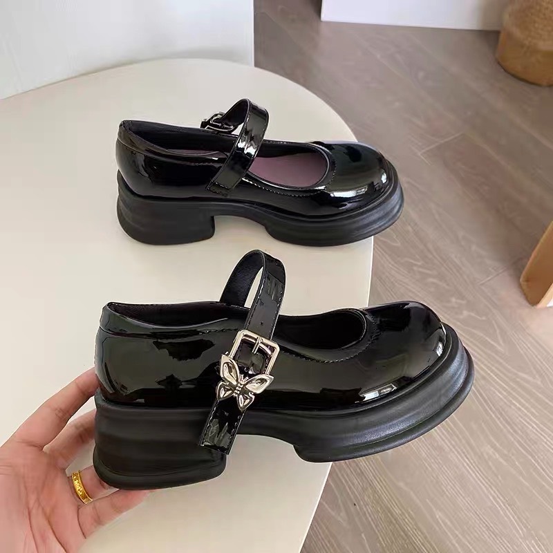 Giày búp bê nữ mũi tròn phong cách Lolita khoá cài hoạ tiết