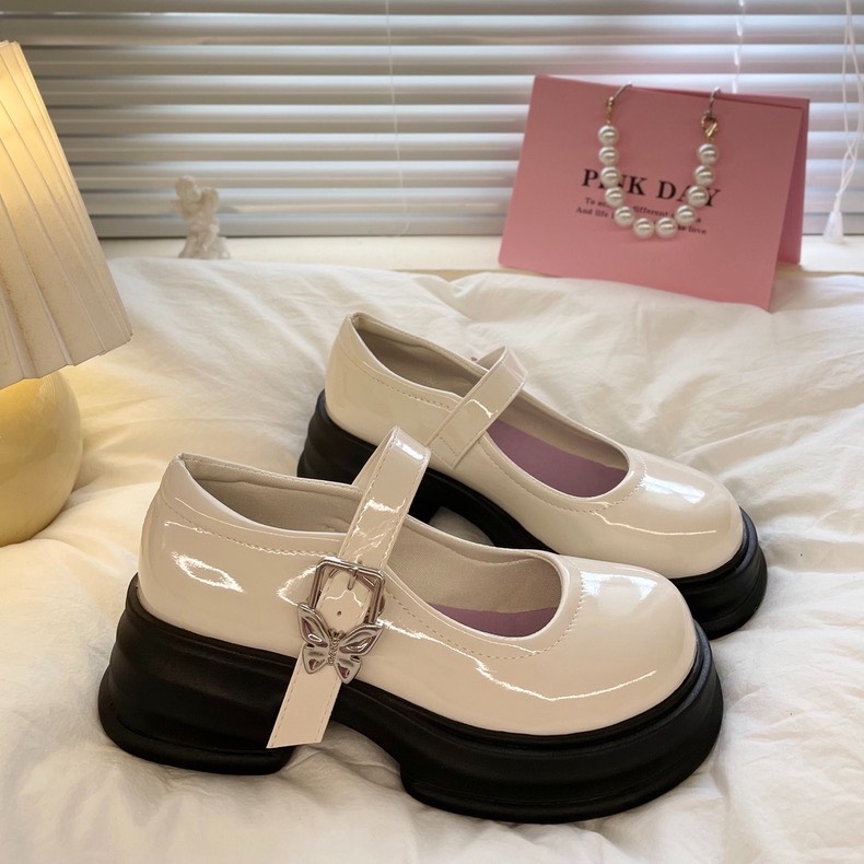 Giày búp bê nữ mũi tròn phong cách Lolita khoá cài hoạ tiết