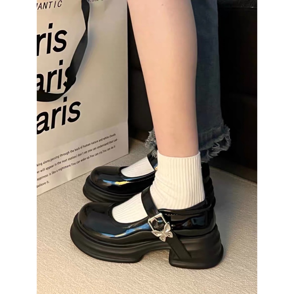 Giày búp bê nữ mũi tròn phong cách Lolita khoá cài hoạ tiết