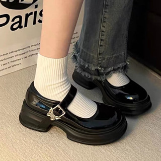 Giày búp bê nữ mũi tròn phong cách Lolita khoá cài hoạ tiết
