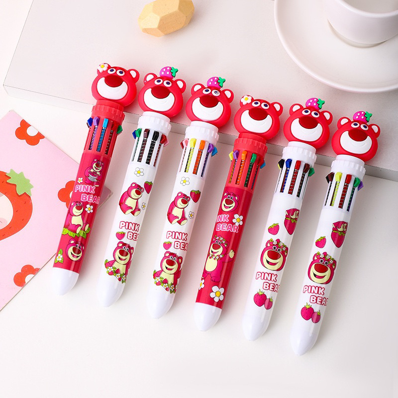 Bút bi bấm 10 ngòi 10 màu hình gấu dâu