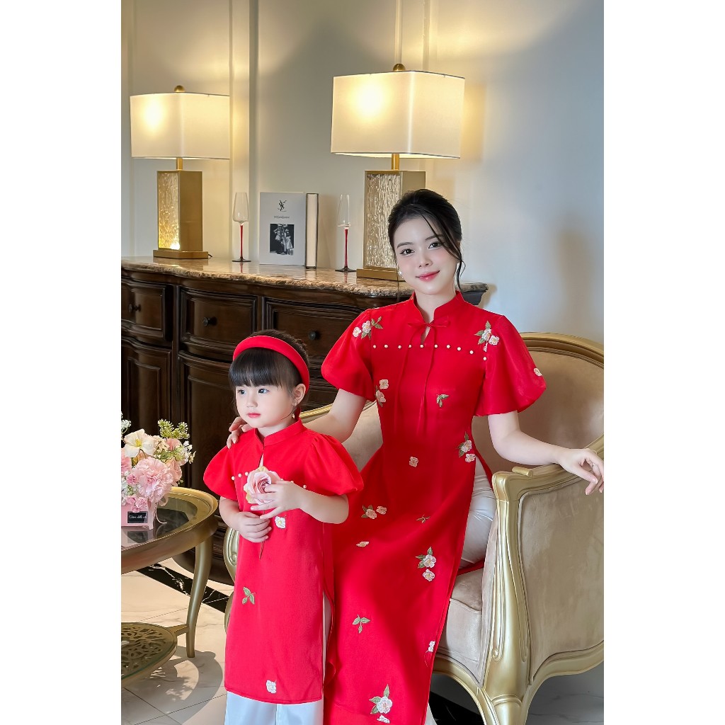 Áo cách tân cặp bé mẹ 🔥SALE SỐC🔥 chất liệu tơ kim sahêu hoa 4 tà duyên dáng đa màu sắc - Áo Dài Cho Bé Baby Store- ADB28