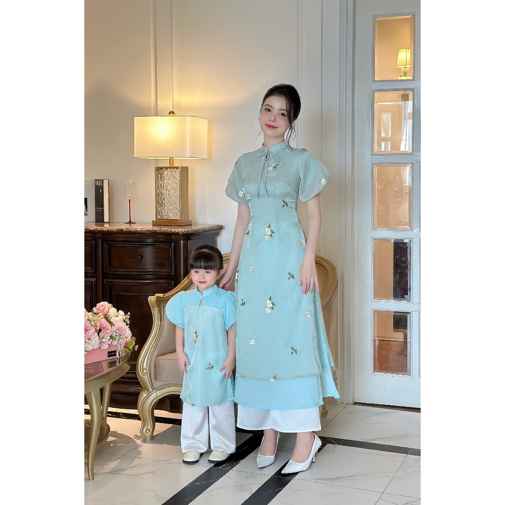 Áo cách tân cặp bé mẹ 🔥SALE SỐC🔥 chất liệu tơ kim sahêu hoa 4 tà duyên dáng đa màu sắc - Áo Dài Cho Bé Baby Store- ADB28