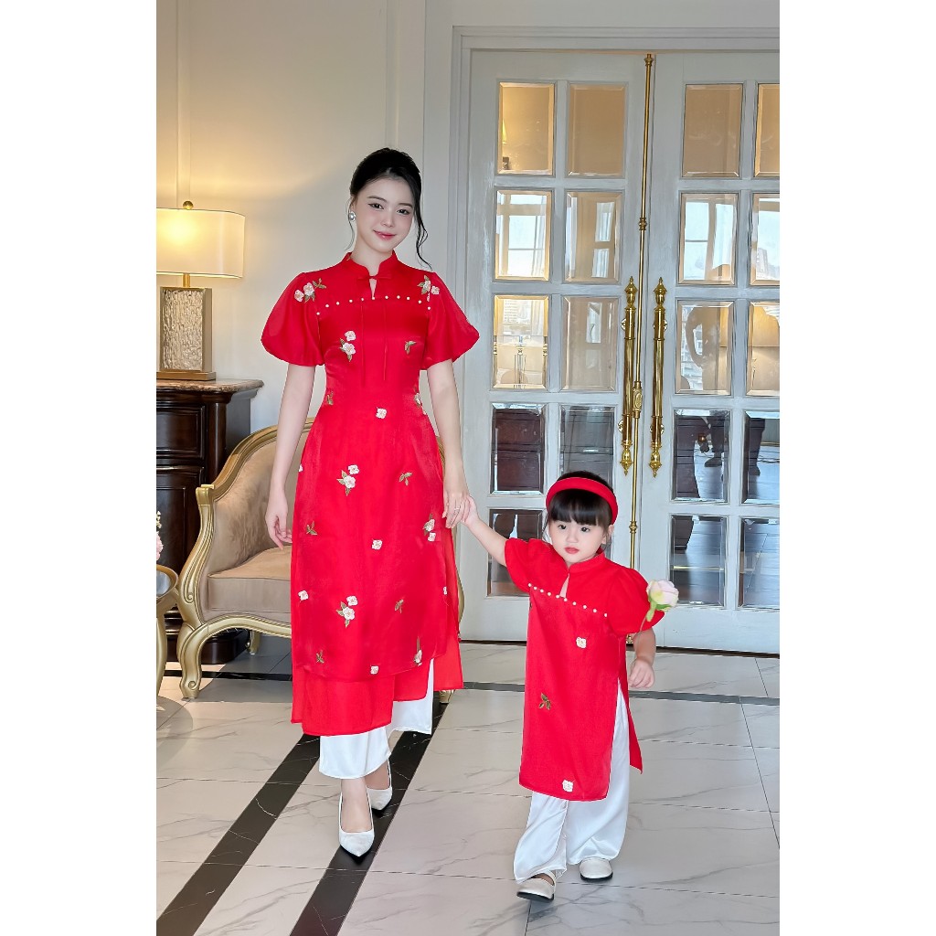 Áo cách tân cặp bé mẹ 🔥SALE SỐC🔥 chất liệu tơ kim sahêu hoa 4 tà duyên dáng đa màu sắc - Áo Dài Cho Bé Baby Store- ADB28
