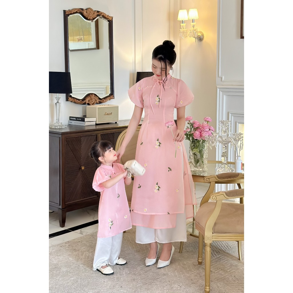 Áo cách tân cặp bé mẹ 🔥SALE SỐC🔥 chất liệu tơ kim sahêu hoa 4 tà duyên dáng đa màu sắc - Áo Dài Cho Bé Baby Store- ADB28