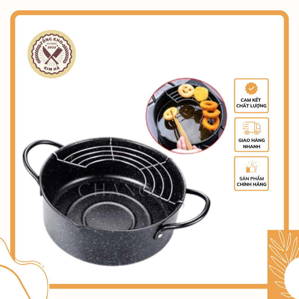 Nồi chiên chống dính ngập dầu loại 20cm chính hãng Emoojoo Nhật Thế hệ Mới - Vân Đá
