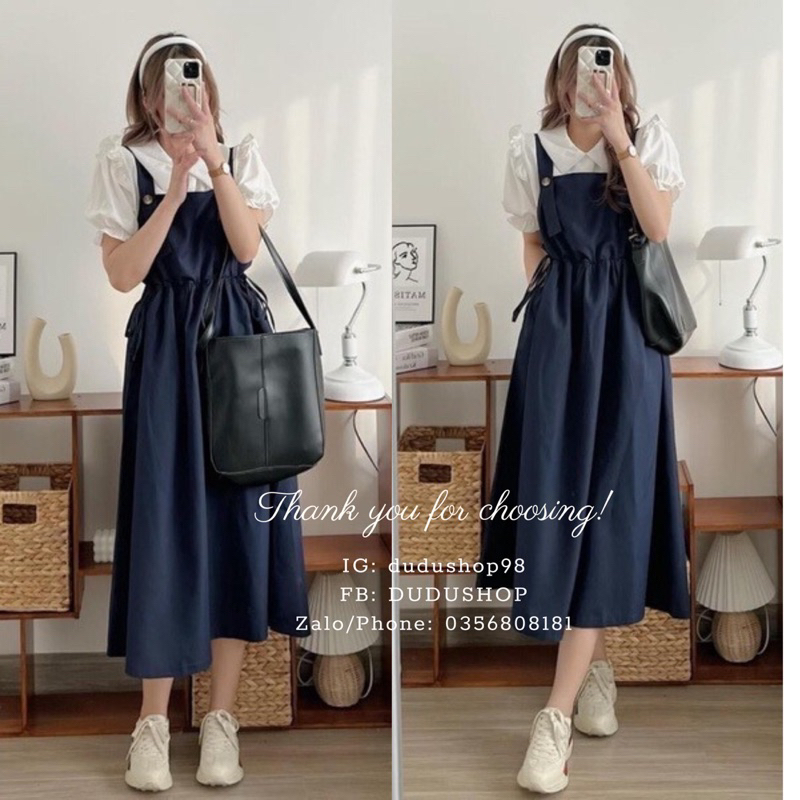 (Hỏa tốc) Set Áo Sơ Mi Cổ Sen Tay Bồng Mix Yếm Dáng Dài Vải Thô Xinh Xắn Đi Học, Đi Làm-dd47