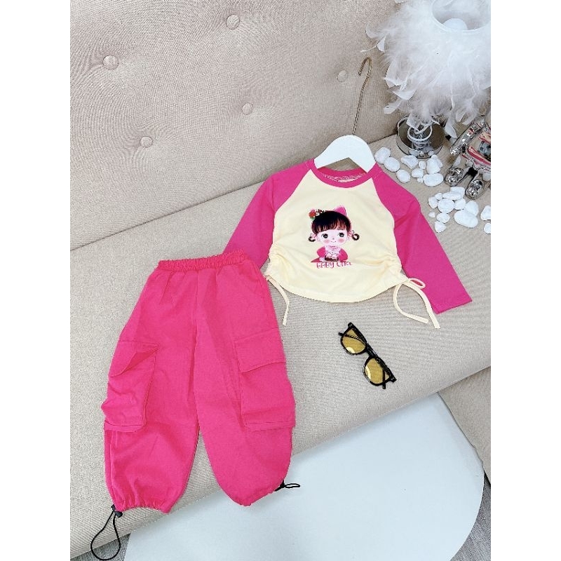 Sét bộ áo Cotton quần túi hộp chất kaki Loại 1,  siêu cá tính cho bé gái 14-25kg