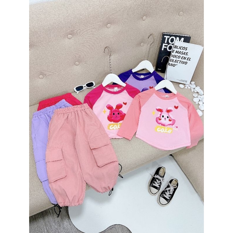 Sét bộ áo Cotton quần túi hộp chất kaki Loại 1,  siêu cá tính cho bé gái 14-25kg