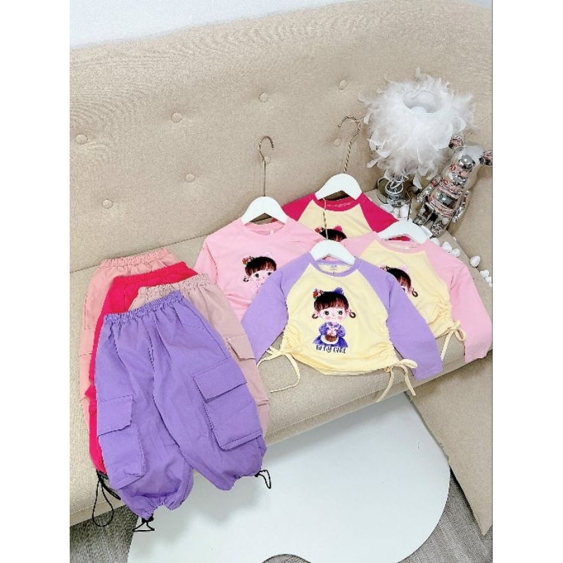 Sét bộ áo Cotton quần túi hộp chất kaki Loại 1,  siêu cá tính cho bé gái 14-25kg