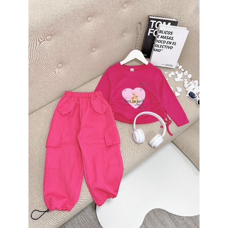 Sét bộ áo Cotton quần túi hộp chất kaki Loại 1,  siêu cá tính cho bé gái 14-25kg