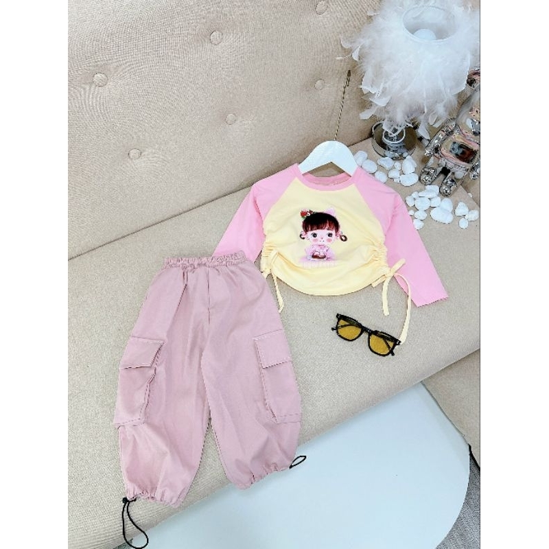 Sét bộ áo Cotton quần túi hộp chất kaki Loại 1,  siêu cá tính cho bé gái 14-25kg