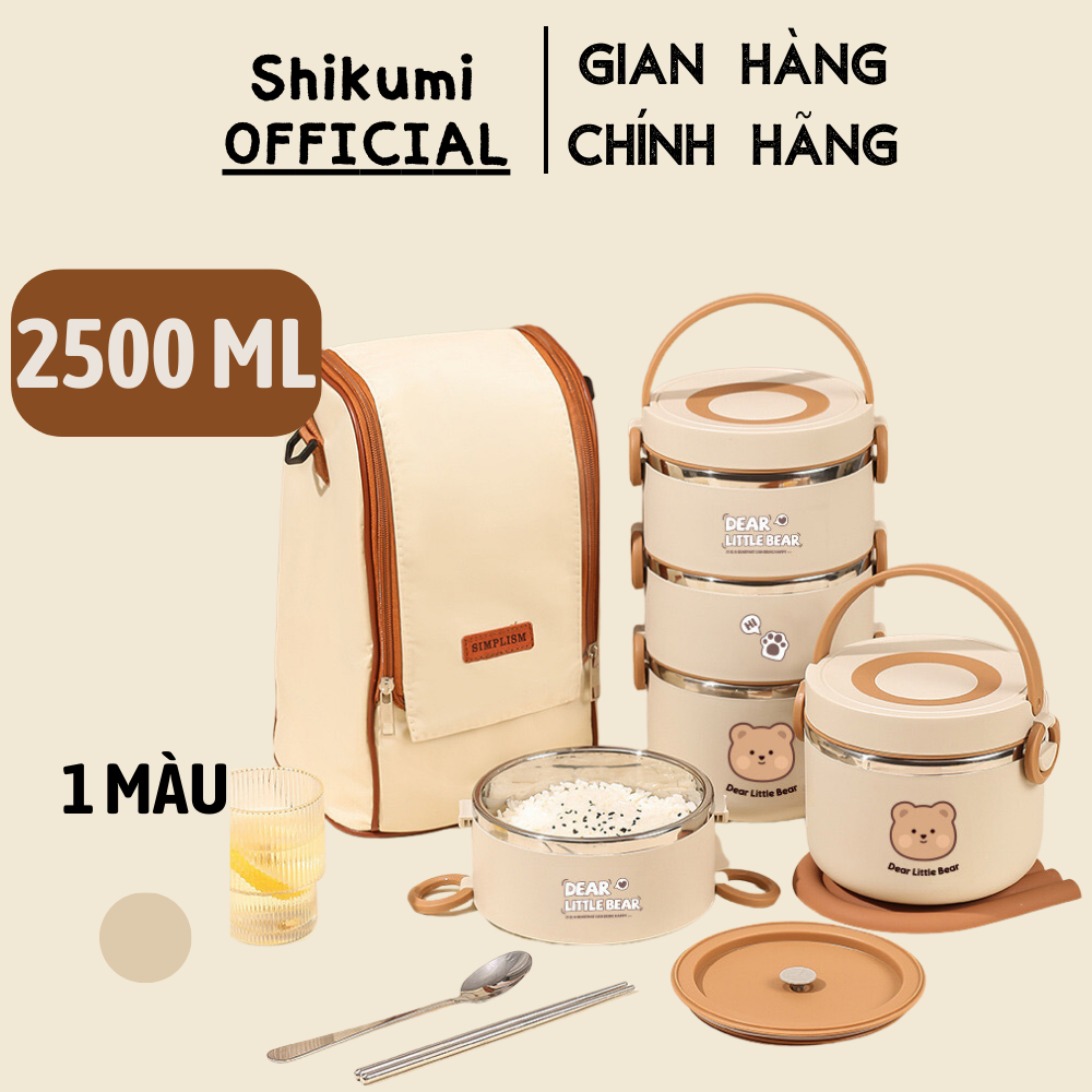 Cặp lồng giữ nhiệt lúa mạch Inox304 SHIKUMI 1/2/3 tầng 4 lớp ruột inox tặng kèm muỗng dearbear