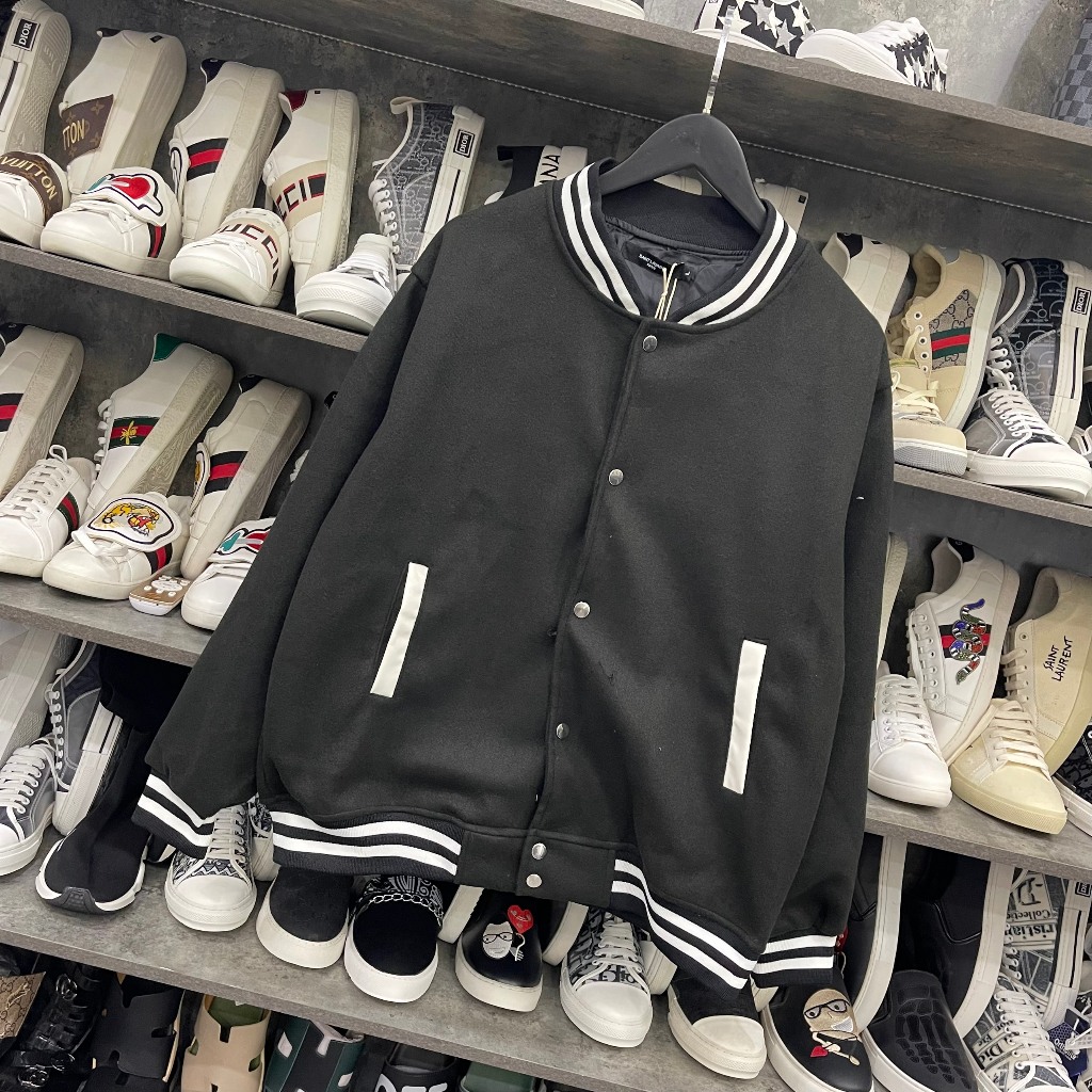 Áo khoác bomber dạ nam nữ trơn thêu chữ da mặt sau bo chun kẻ trắng hai lớp bao dày dặn đẹp AK03P