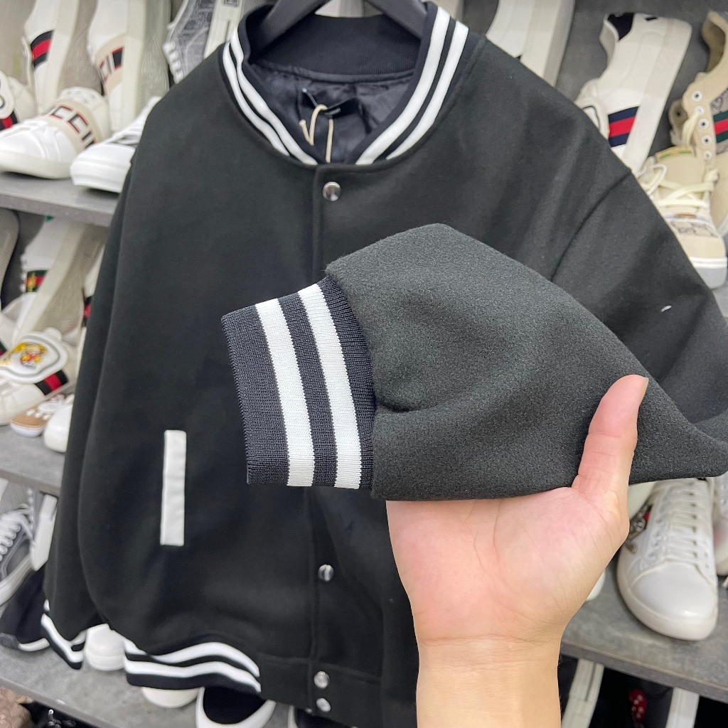 Áo khoác bomber dạ nam nữ trơn thêu chữ da mặt sau bo chun kẻ trắng hai lớp bao dày dặn đẹp AK03P