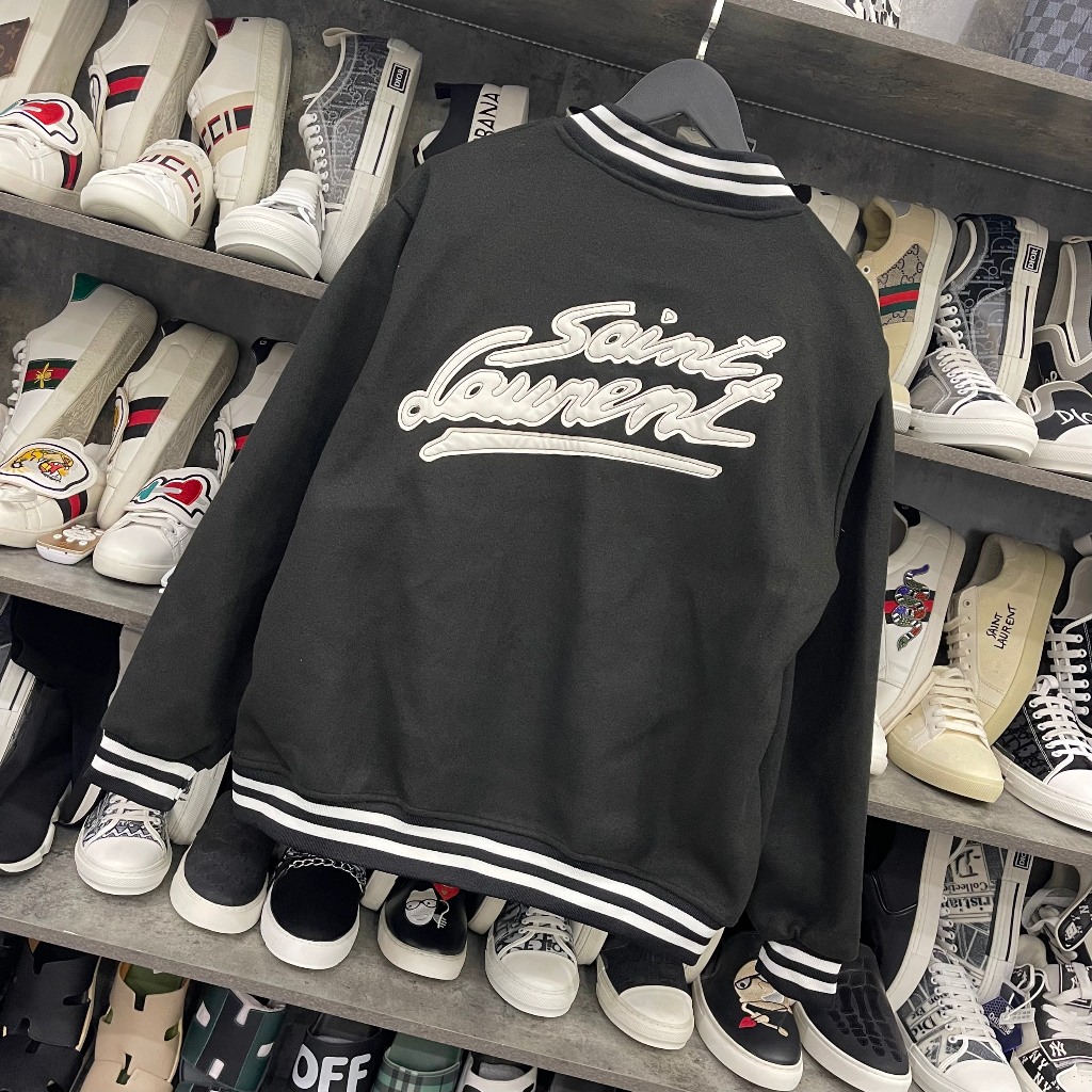 Áo khoác bomber dạ nam nữ trơn thêu chữ da mặt sau bo chun kẻ trắng hai lớp bao dày dặn đẹp AK03P