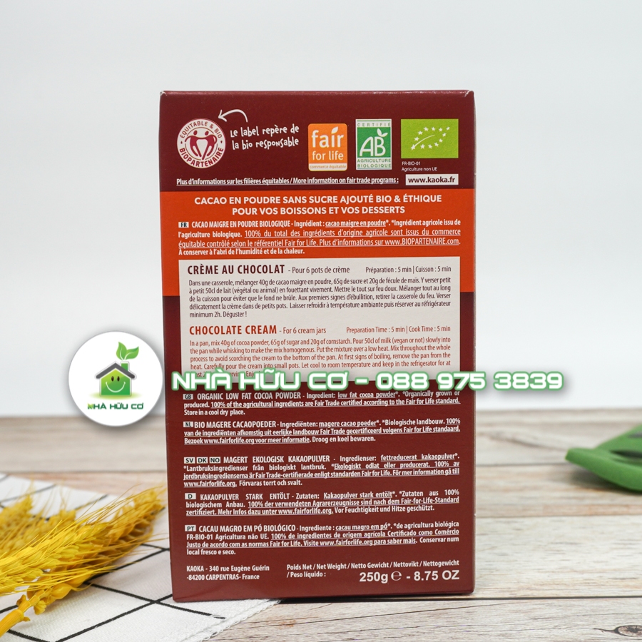 Bột cacao nguyên chất loại TÁCH BÉO hữu cơ KAOKA 250g/50g - Date:31/12/2023 và 30/11/2024 - Nhà hữu cơ