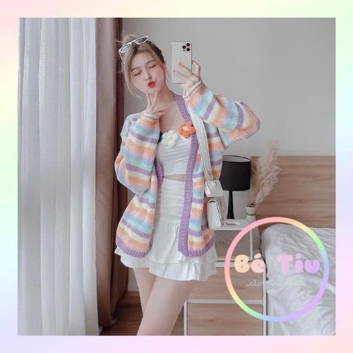 Áo Khoác Len Cadigan Dáng Rộng Thời Trang Cho Nữ, Áo Khoác Len Cadigan Len Sọc Màu Sắc Tay Dài