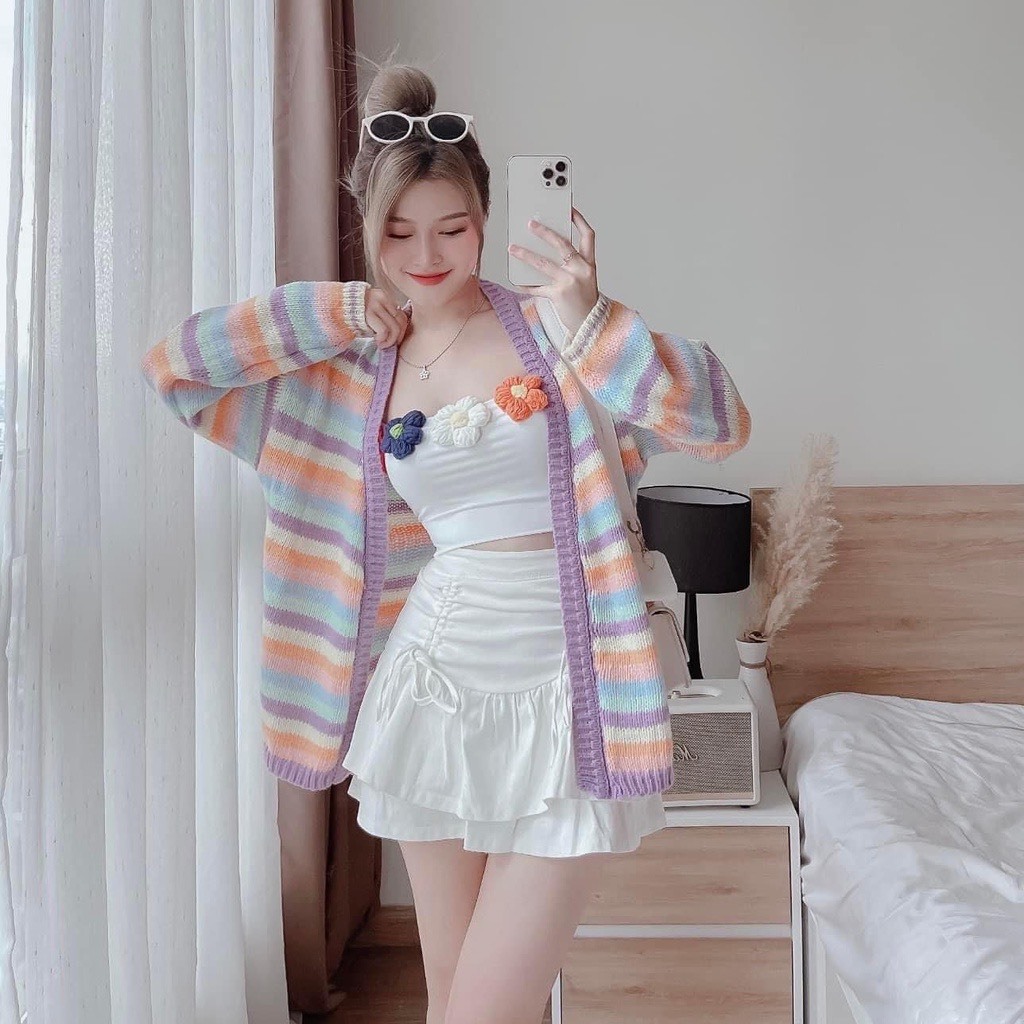 Áo Khoác Len Cadigan Dáng Rộng Thời Trang Cho Nữ, Áo Khoác Len Cadigan Len Sọc Màu Sắc Tay Dài