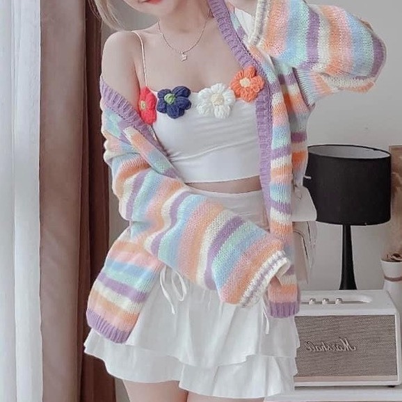 Áo Khoác Len Cadigan Dáng Rộng Thời Trang Cho Nữ, Áo Khoác Len Cadigan Len Sọc Màu Sắc Tay Dài