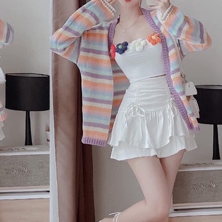 Áo Khoác Len Cadigan Dáng Rộng Thời Trang Cho Nữ, Áo Khoác Len Cadigan Len Sọc Màu Sắc Tay Dài