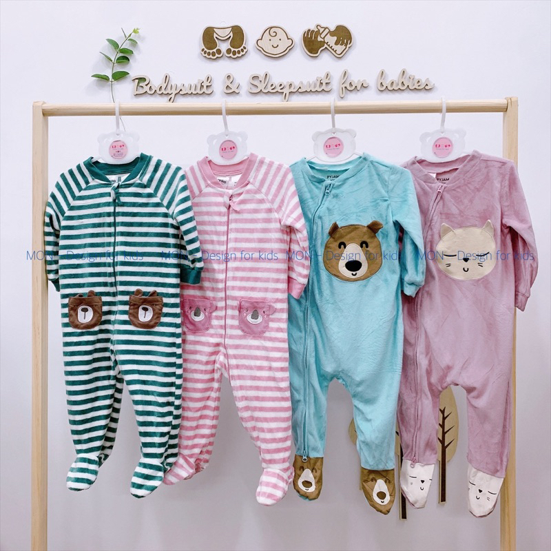 Sleepsuit nỉ nhung KHÓA KÉO bộ body dài tay liền tất hàng xuất dư An.ko và Pyja.mas cho bé
