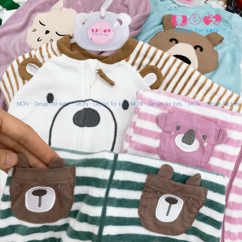 Sleepsuit nỉ nhung KHÓA KÉO bộ body dài tay liền tất hàng xuất dư An.ko và Pyja.mas cho bé