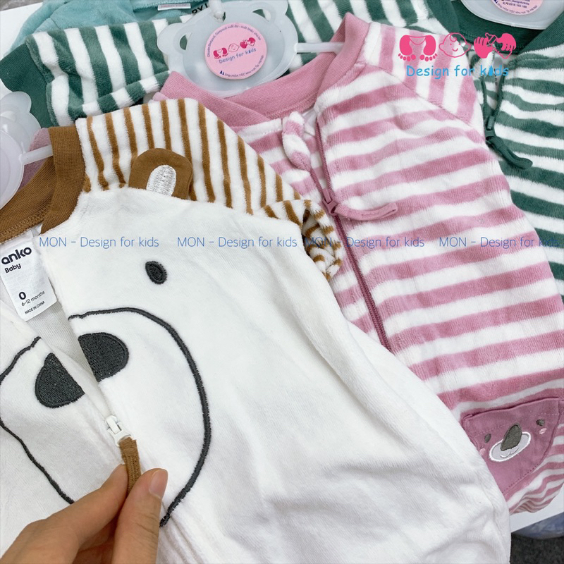 Sleepsuit nỉ nhung KHÓA KÉO bộ body dài tay liền tất hàng xuất dư An.ko và Pyja.mas cho bé