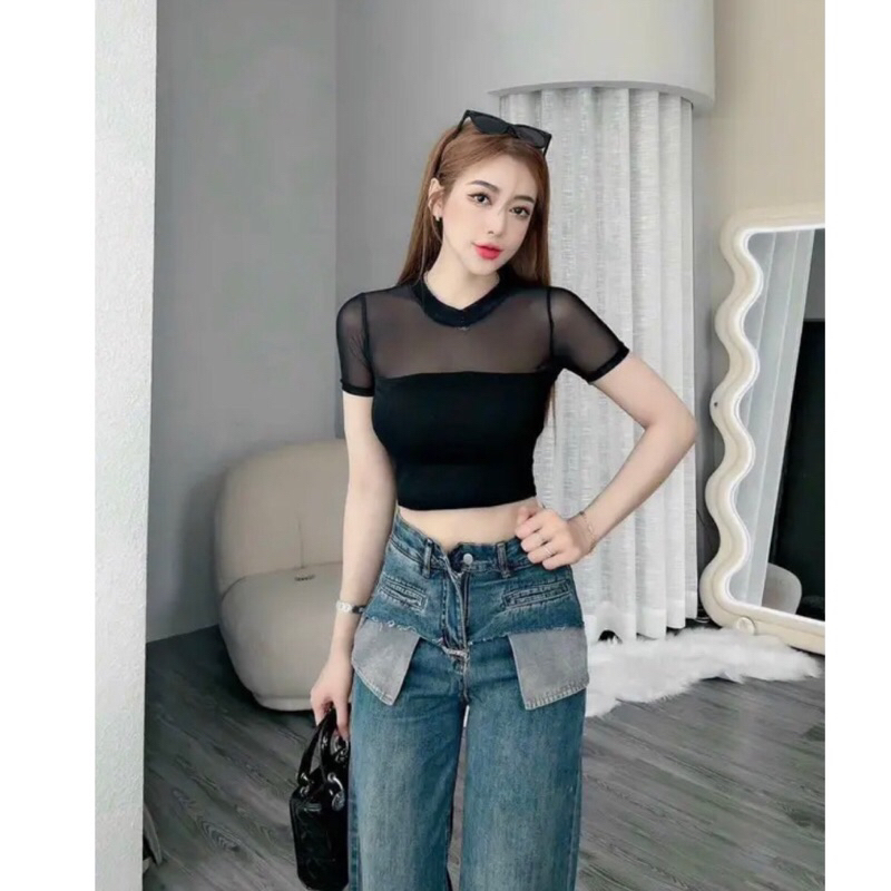 Áo thun ren lưới co dãn kiểu Croptop cuốn hút A169